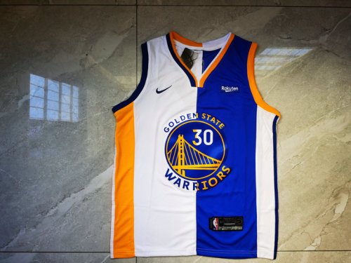 NBA 30 Curry Warriors splite Maillot bleu blanc brodé